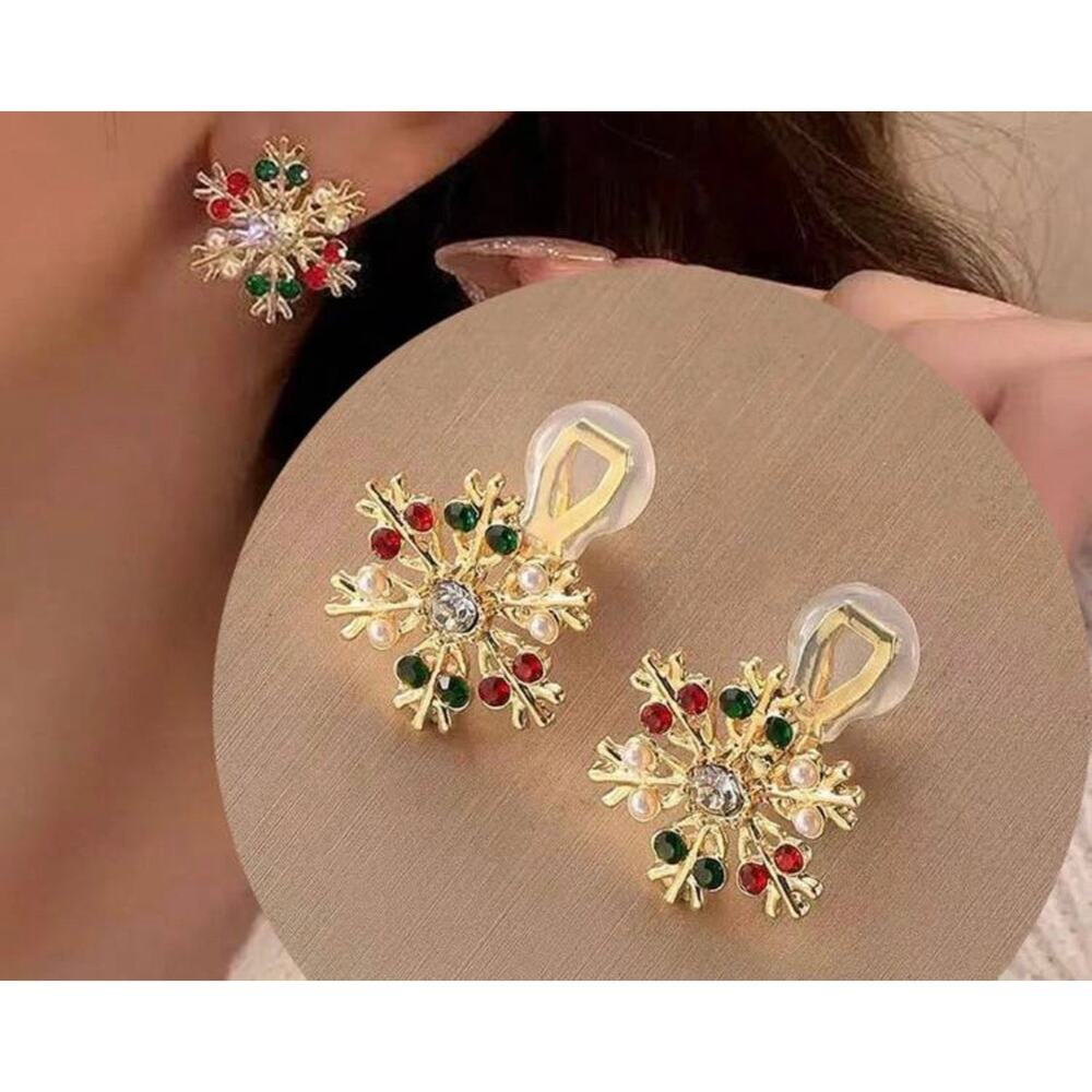 Clip on 1" gold, red, green and pearl snowflake button style earrings